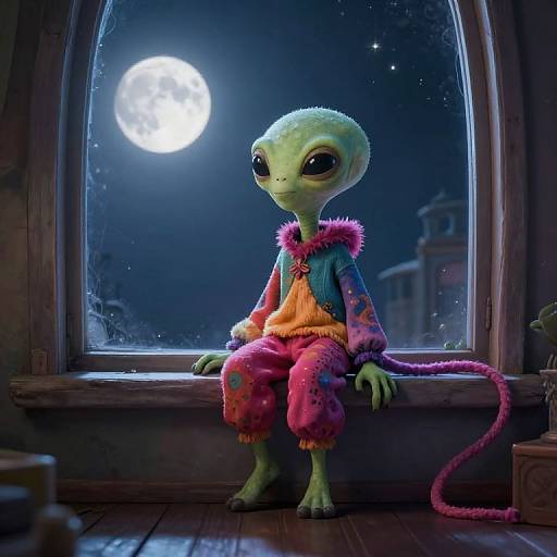 Digital art of a green, alien child with large eyes, wearing colorful, fuzzy pajamas, sitting on a wooden windowsill at night, illuminated by