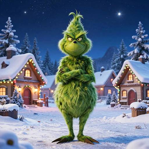 CGI image of a green, furry, anthropomorphic bird with crossed arms, standing in a snowy, starry village at night, with lit houses