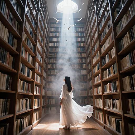 Photograph of a woman in a flowing white dress, standing in a sunlit, misty library aisle with tall bookshelves on either side.