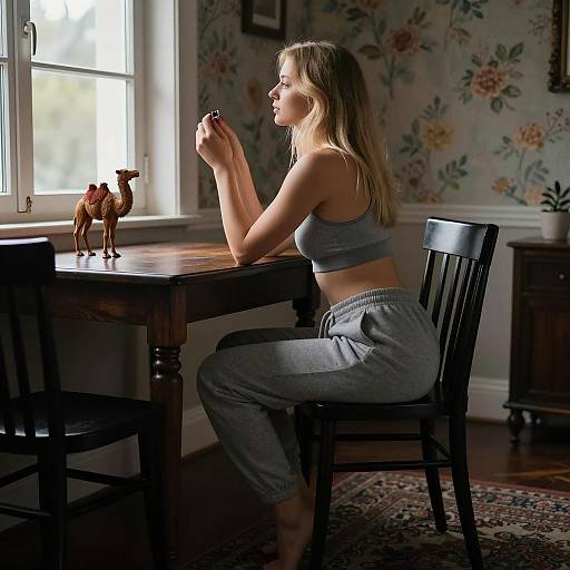 Woman in Gray Sportswear Sitting by Window