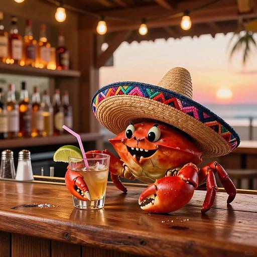Colorful cartoon crab in a Mexican sombrero sips a margarita with a lime at a wooden bar, surrounded by blurred liquor bottles. Warm