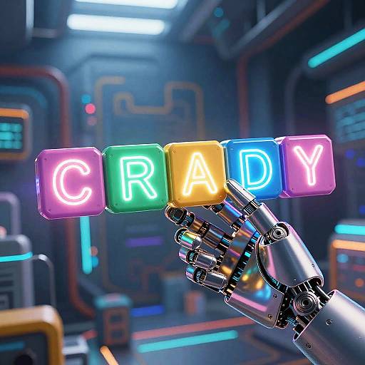 CGI image of a robotic hand holding colorful, glowing blocks spelling 