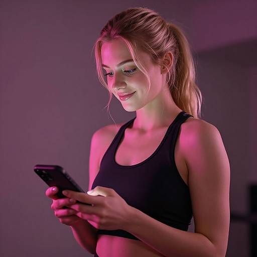 Photograph of a young, blonde woman with a ponytail, wearing a black sports bra, intently looking at a smartphone under pink and purple lighting