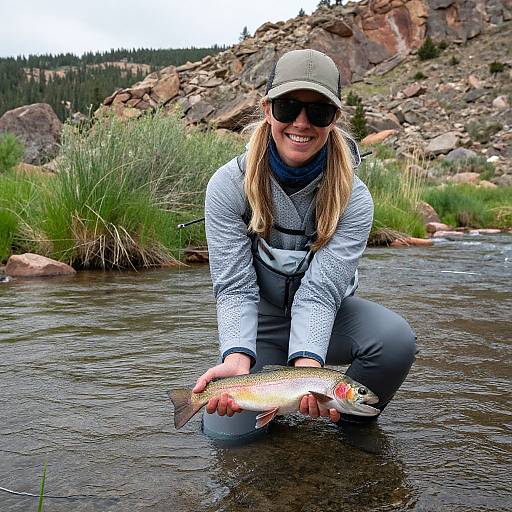 Photograph of a smiling blonde woman in a grey shirt and cap, kneeling in a rocky creek, holding a rainbow trout.