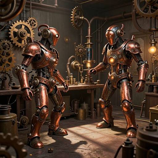 Photorealistic CGI of two shiny, copper-colored, robotic soldiers in a dimly lit, industrial workshop with large gears and machinery. They stand facing