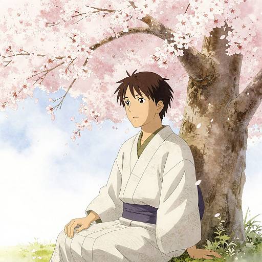 Serene Anime Man Under Cherry Blossoms