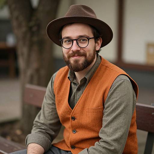 Photograph of a bearded man with glasses, brown hat, olive-green shirt, and orange vest, sitting on a bench, smiling. Background includes