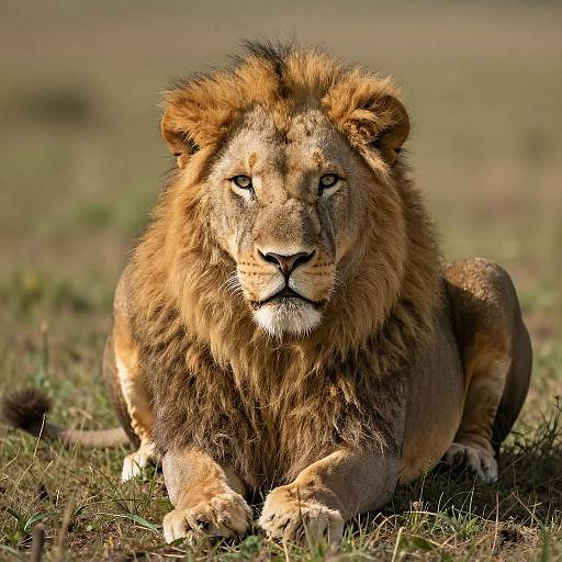 Majestic Male Lion Resting on Grassy Plain