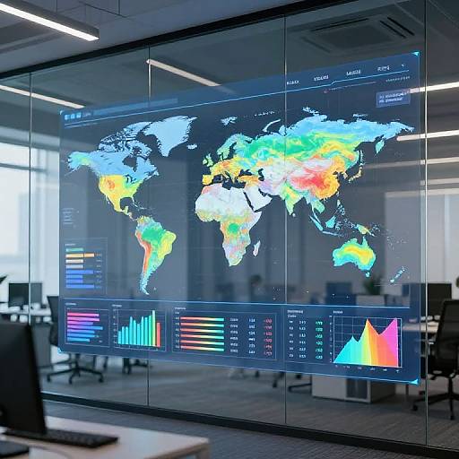 Photograph of a modern office with a glass wall displaying a colorful world map and data graphs, showcasing climate or economic data. Bright office lighting, desks