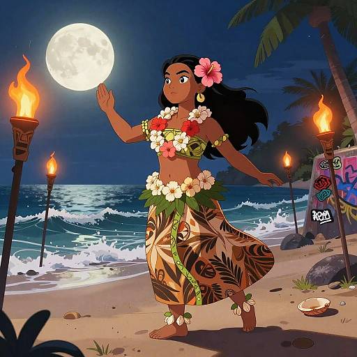 Digital illustration of a dark-skinned, flower-crowned hula dancer under a full moon, wearing a floral bikini and leaf skirt, by beach with