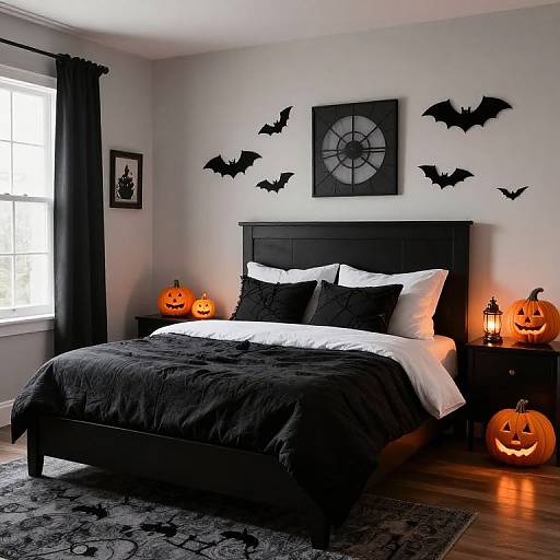 Spooky-themed bedroom with black bed, white pillows, jack-o'-lantern nightstands, bat wall decals, and dark curtains. Halloween decor on