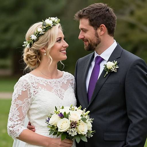 Photograph of a smiling blonde bride in white lace dress and flower crown, holding bouquet, standing close to a bearded groom in black suit and purple
