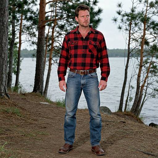 Photograph of a rugged, bearded man in a red and black plaid shirt, blue jeans, and brown shoes, standing on a forest path