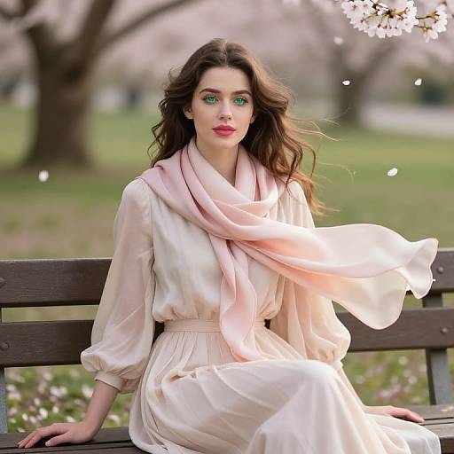 Photograph of a fair-skinned woman with green eyes, long brown hair, wearing a white dress and pink scarf, sitting on a park bench amidst