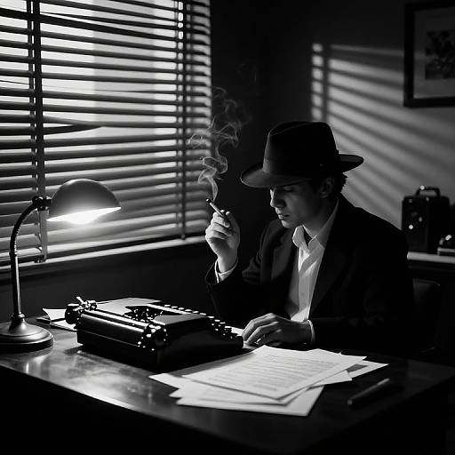 Black-and-white photograph of a man in a hat smoking, typing on vintage typewriter, under desk lamp, blinds casting stripes.