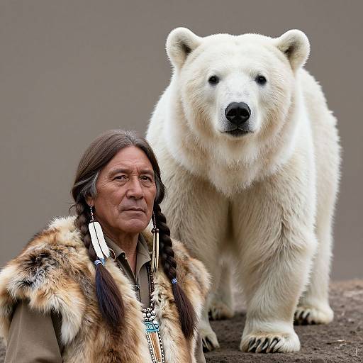 Photograph of an elderly Native American woman with long braided hair, wearing a fur-lined jacket, standing beside a large white polar bear against a gray