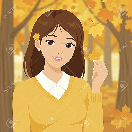 Digital illustration of a smiling Asian woman with brown hair, holding an autumn leaf in a yellow sweater, surrounded by orange and yellow fall leaves in a forest