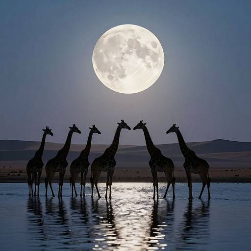 Photograph of silhouetted giraffes standing in a reflective water body, facing a large, bright full moon in a clear blue night sky