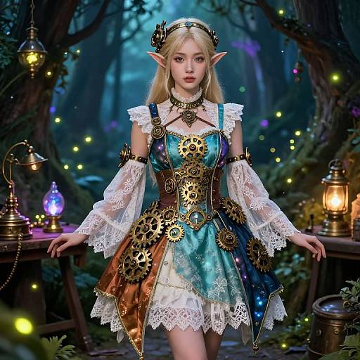 Digital artwork of a blonde, elf-like woman in a steampunk-inspired, colorful lace and gear-embellished dress, standing in a mystical