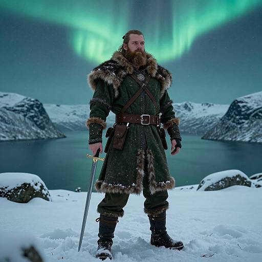 Viking warrior with beard, fur-trimmed green coat, and sword stands in snowy landscape under green aurora borealis, mountainous backdrop.