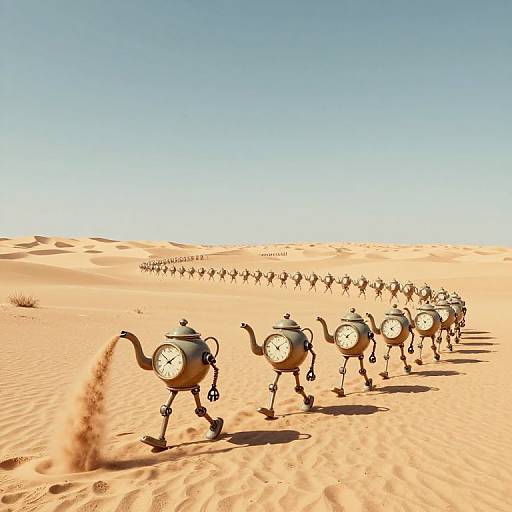 Photorealistic CGI: row of clock-topped teapots with arms and legs, marching in a desert under a clear blue sky.