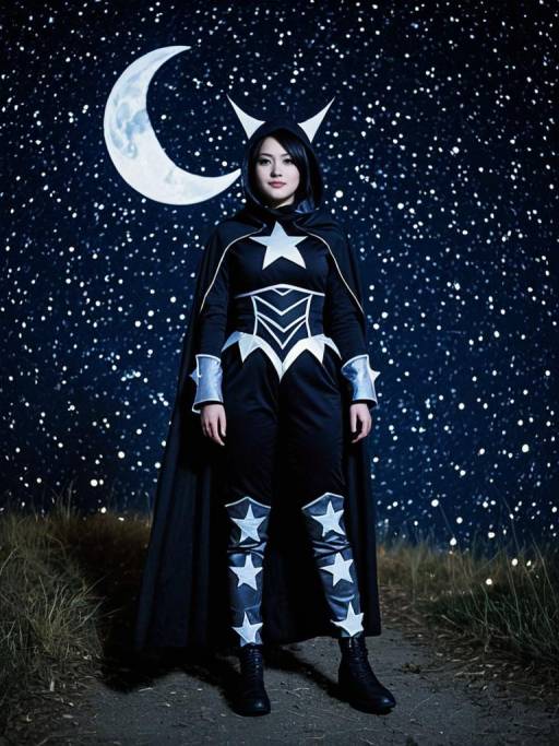 Cosplayer in Star and Moon Costume at Night