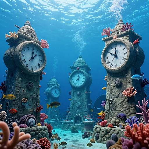 Photograph of underwater scene with three ornate, stone clock towers surrounded by colorful coral, fish, and sea anemones, bathed in blue