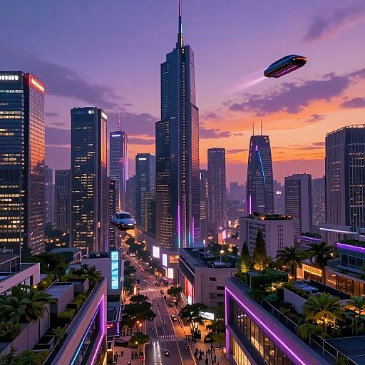 Digital illustration of a futuristic cityscape at sunset. Tall skyscrapers with neon lights, a flying saucer in the sky, and palm trees lining