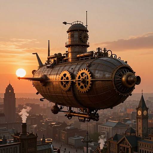 Steampunk Airship Over Vintage Cityscape