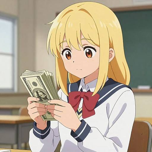 Anime-style drawing of a blonde girl with brown eyes, wearing a white sailor school uniform with a red bow, holding a stack of cash in a classroom