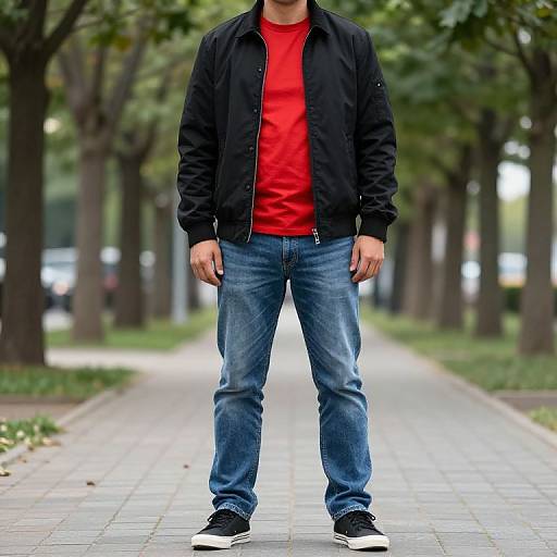 Photograph of a man standing on a tree-lined sidewalk, wearing a red shirt, black jacket, blue jeans, and black sneakers.