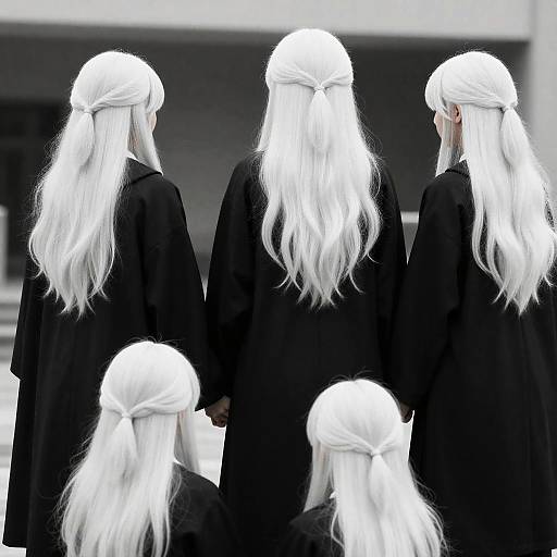 Group of Girls with Long White Hair in Black Cloaks