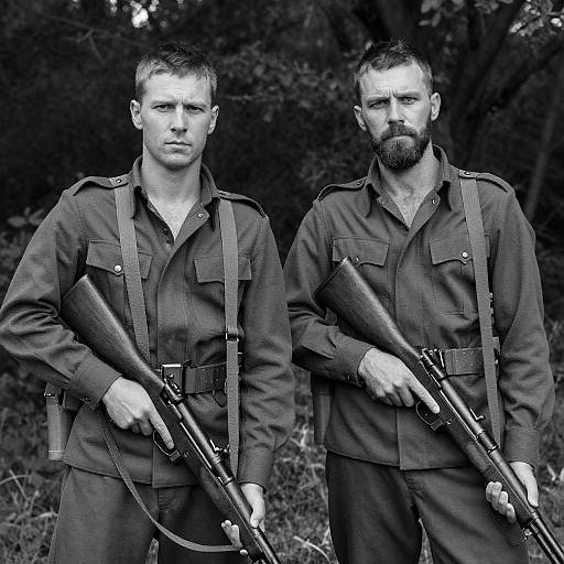 Black-and-White Rugged Soldiers Portrait in Forest