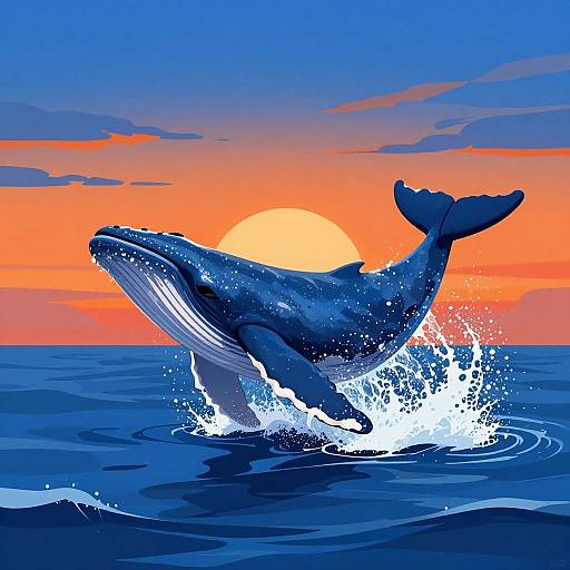 Digital illustration of a blue whale leaping out of the ocean, creating splashes, against a vibrant orange and blue sunset sky.