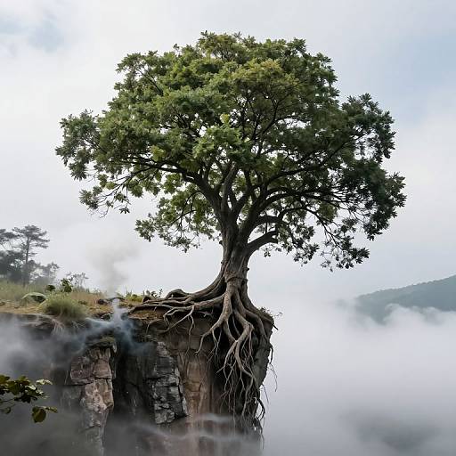 Digital artwork of a majestic tree with exposed roots, growing from a rocky cliff surrounded by misty fog and greenery.