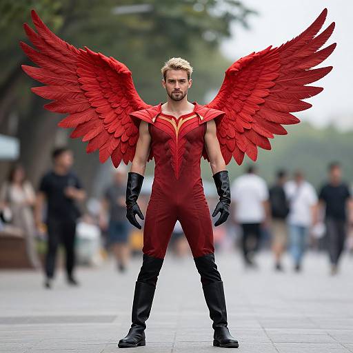 Photograph of a muscular, blonde man with red feathered wings, red bodysuit, black gloves, and boots, standing confidently on a city