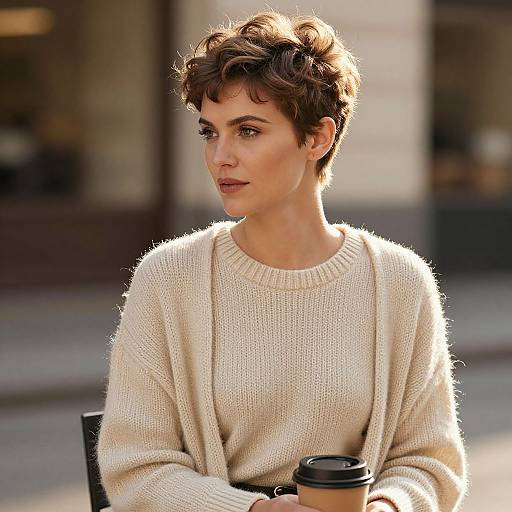 Photograph of a short-haired woman with curly brown hair, wearing a cozy beige knit sweater, holding a coffee cup, sitting outdoors.