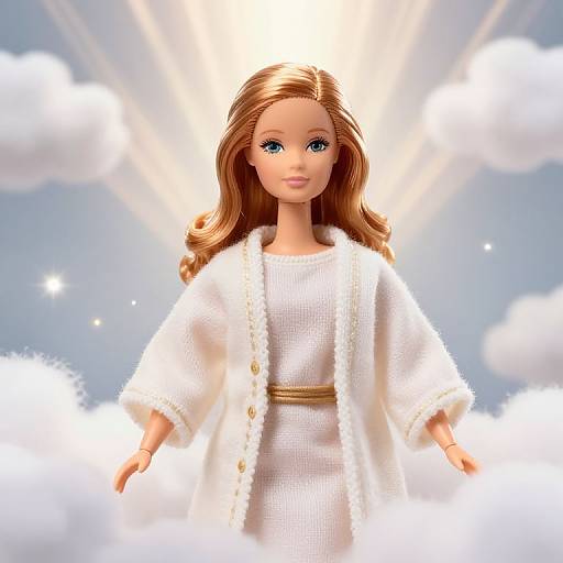 Photograph-style CGI of a blonde doll with blue eyes, wearing a white dress and fluffy white coat, standing amidst radiant sunlight and fluffy clouds.