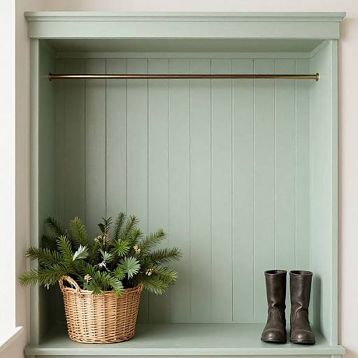 Photograph of a light mint-green, wooden recessed shelf with a wicker basket of green pine branches and black rubber boots.