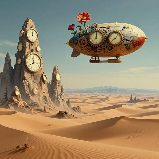 Steampunk clock-filled airship with red flower on top hovers over desert mountains with large clock faces, under clear blue sky. Digital art.