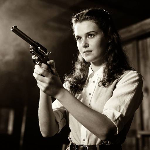 Black-and-white photograph of a 1940s-style woman with wavy hair, holding a revolver, wearing a white blouse, in a dimly