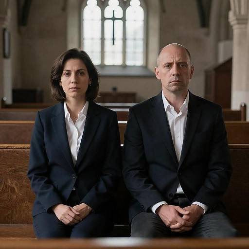 Somber Couple Sitting in Church Pew
