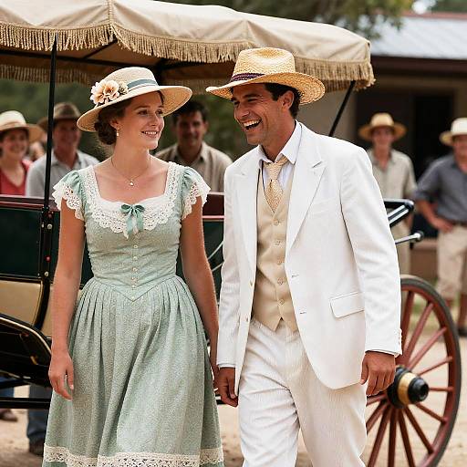 Elegant Carriage Scene with Joyful Couple