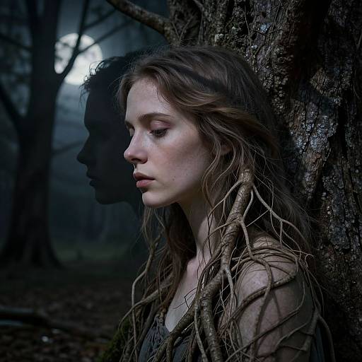 Photograph of a pale, young woman with wet, brown hair, leaning against a dark tree in a shadowy, moonlit forest. Her shadow