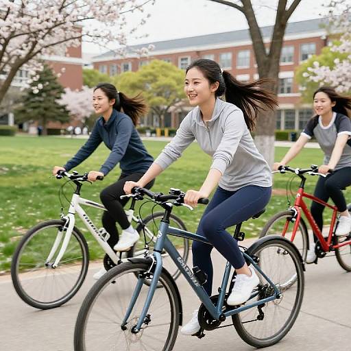 Photograph of three smiling Asian women riding bicycles outdoors on a sunny day, wearing athletic clothes, with cherry blossom trees and a red-brick building in