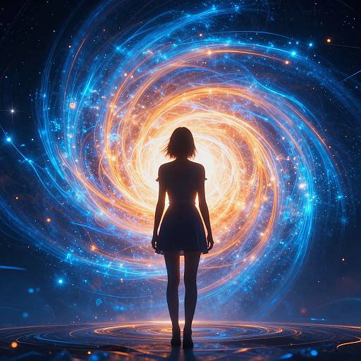 Silhouetted woman in short dress stands before glowing, colorful spiral galaxy, stars, and cosmic swirls in a digital art piece.