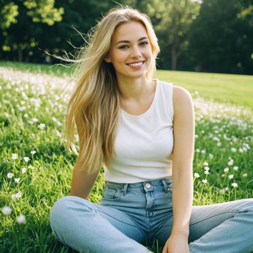 Smiling Blonde Woman Sitting on Grass