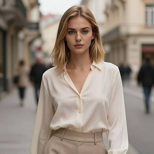 Photograph of a blonde woman with shoulder-length hair, wearing a white button-up shirt and beige pants, standing on a blurred urban street with people in