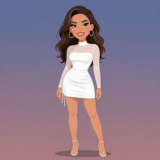 Digital illustration of a smiling woman with long dark hair, wearing a white, long-sleeve mini dress, white high heels, and large hoop earrings