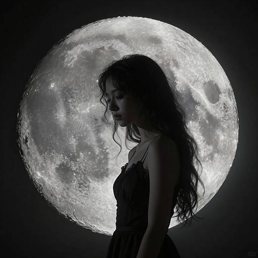 Silhouetted woman with long curly hair, wearing a sleeveless dress, stands in profile against a bright, detailed full moon. Black and white